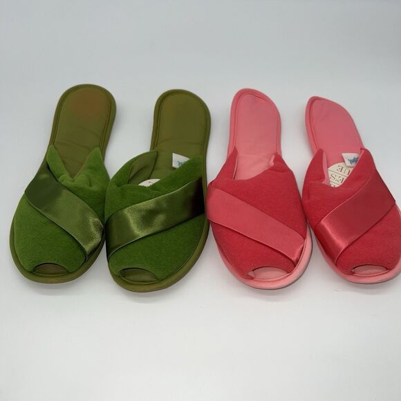NIB 2 Pairs of Women’s VTG Madye’s Slippers w/Velvet-Satin Accent Green/Pink 7-8 - Picture 2 of 16